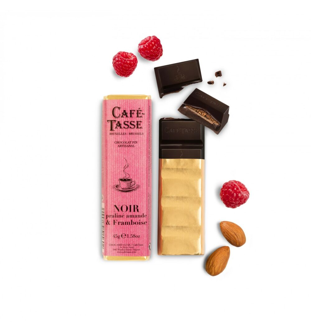 Barre chocolat noir praliné amande & framboise 45g